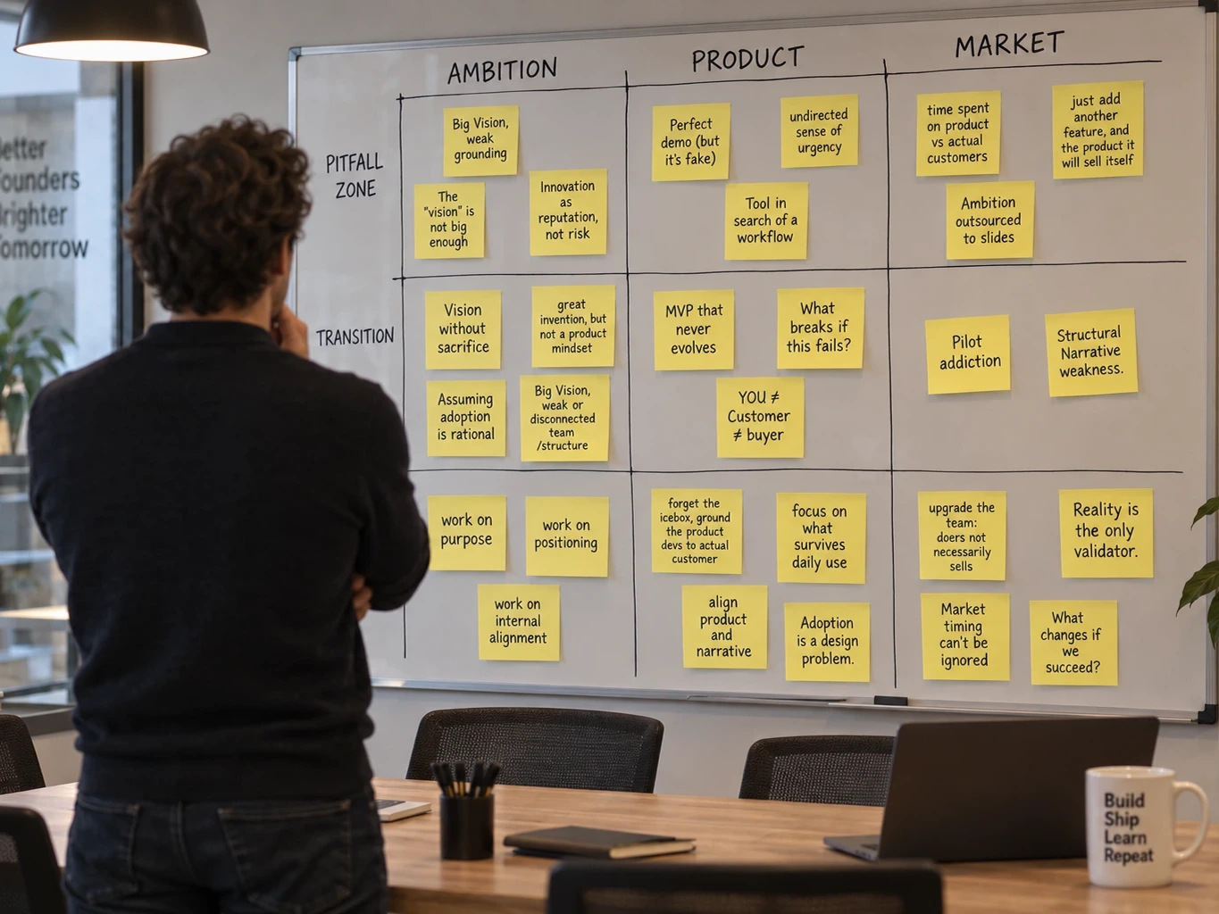 A workshop whiteboard connecting ambition, product and market, from recurring challenges to practical actions