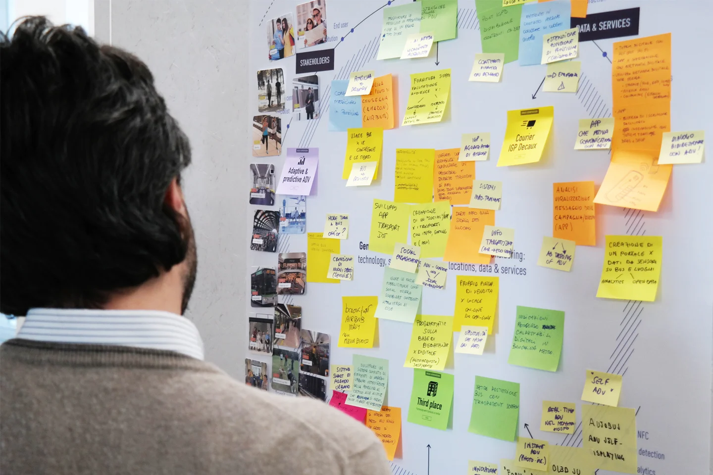 Reviewing ideas on a wall covered with notes