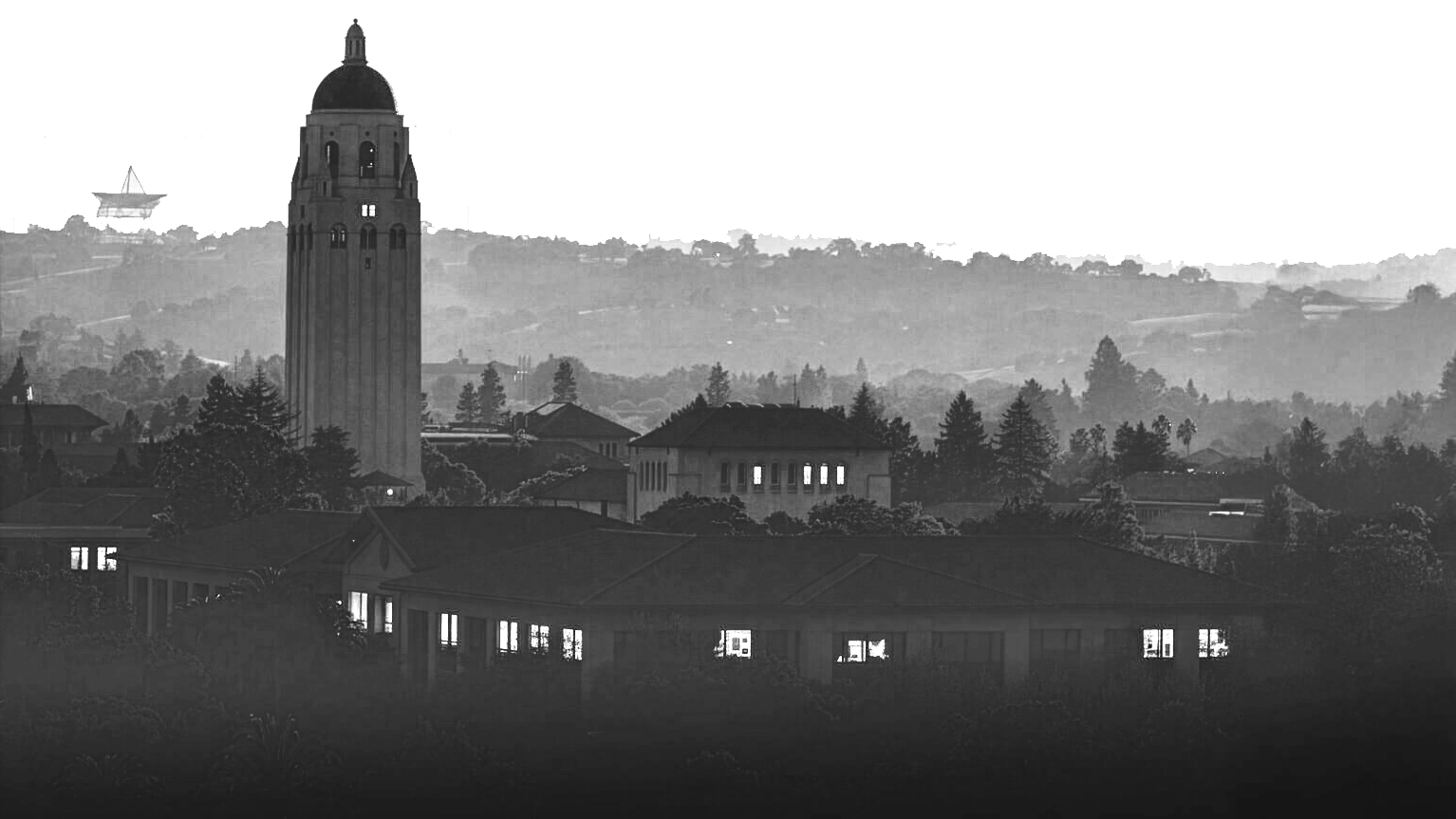 Stanford campus with Hoover Tower, in black and white