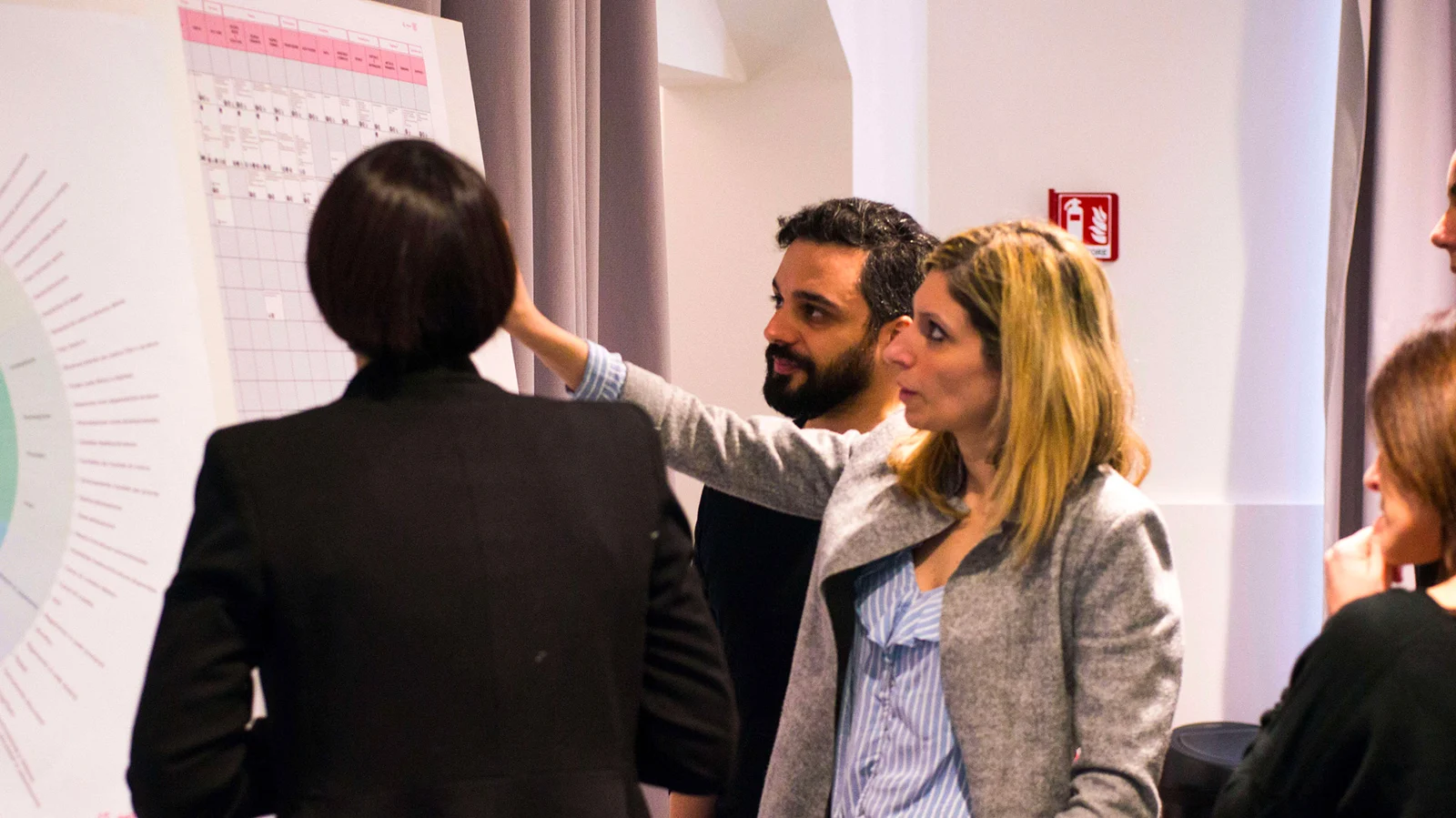 A group comparing ideas in front of a service canvas